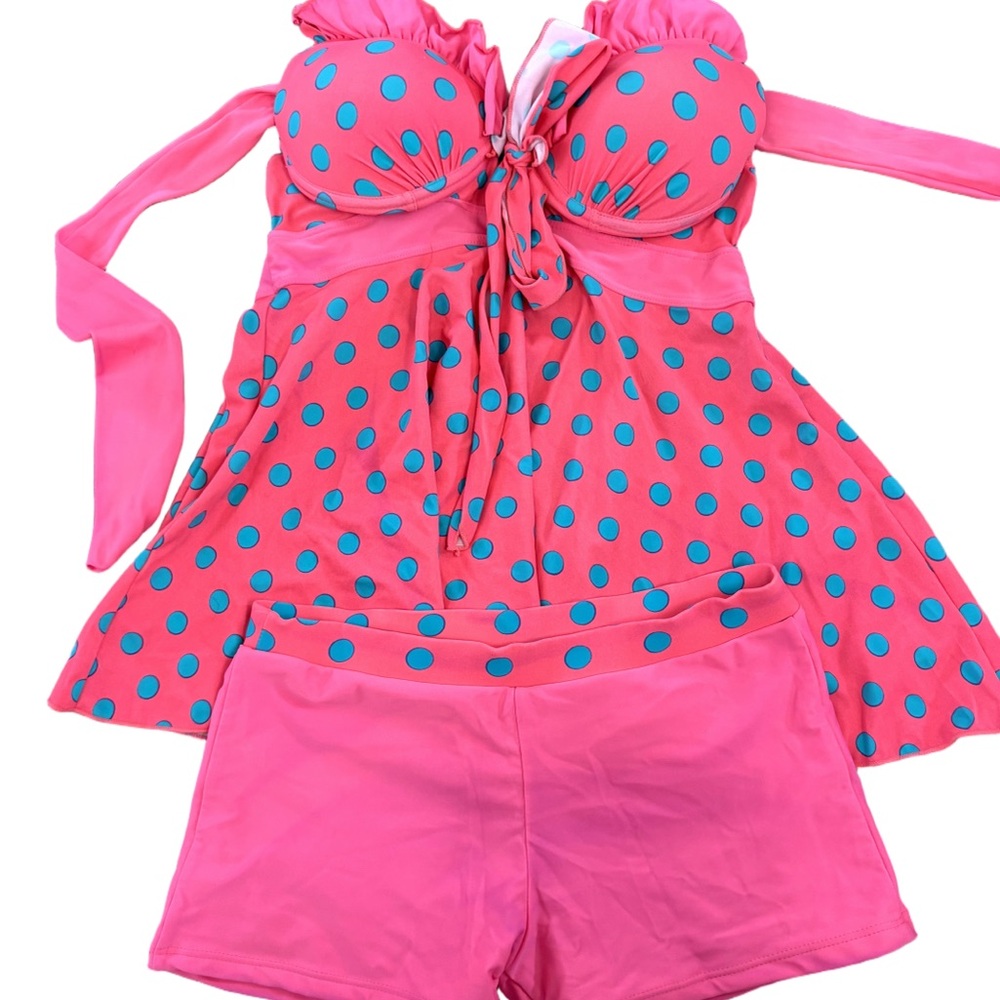 Women’s Pink Polka Dot Tankini Swim Top & Shorts Set Size L